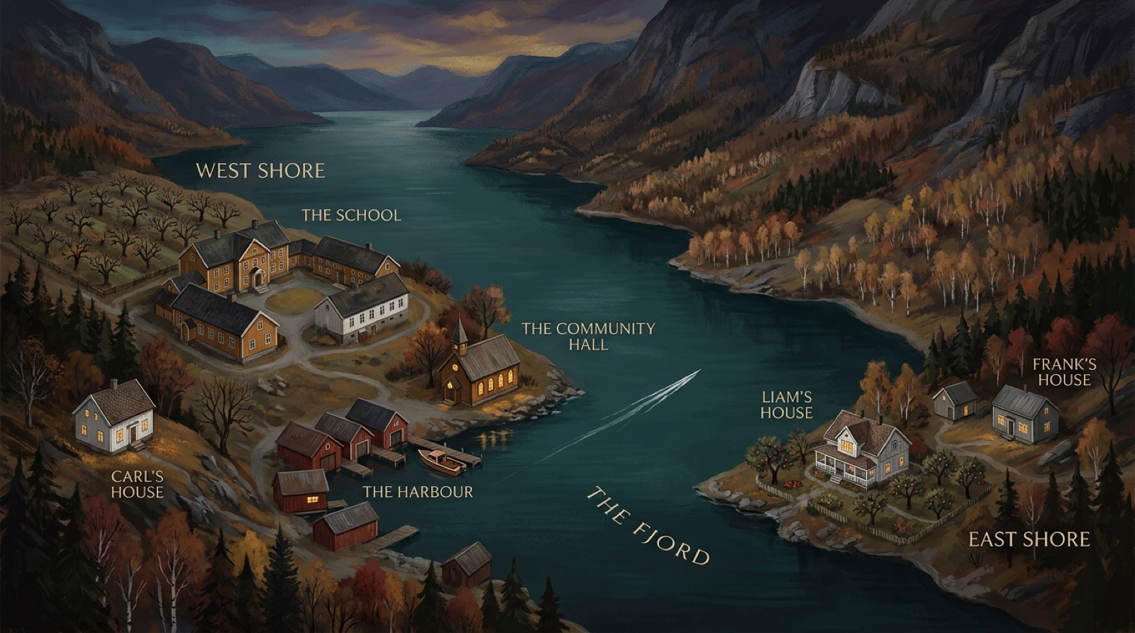 Map of the fjord in The River — the school, the harbour, Carl's house, Liam's house and Frank's house on opposite shores
